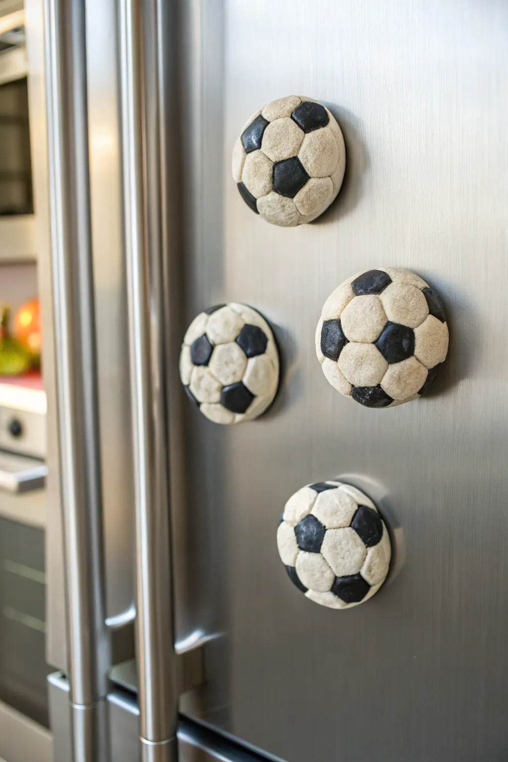Simple handmade clay soccer ball magnets, clean and minimal for a chic kitchen touch.
