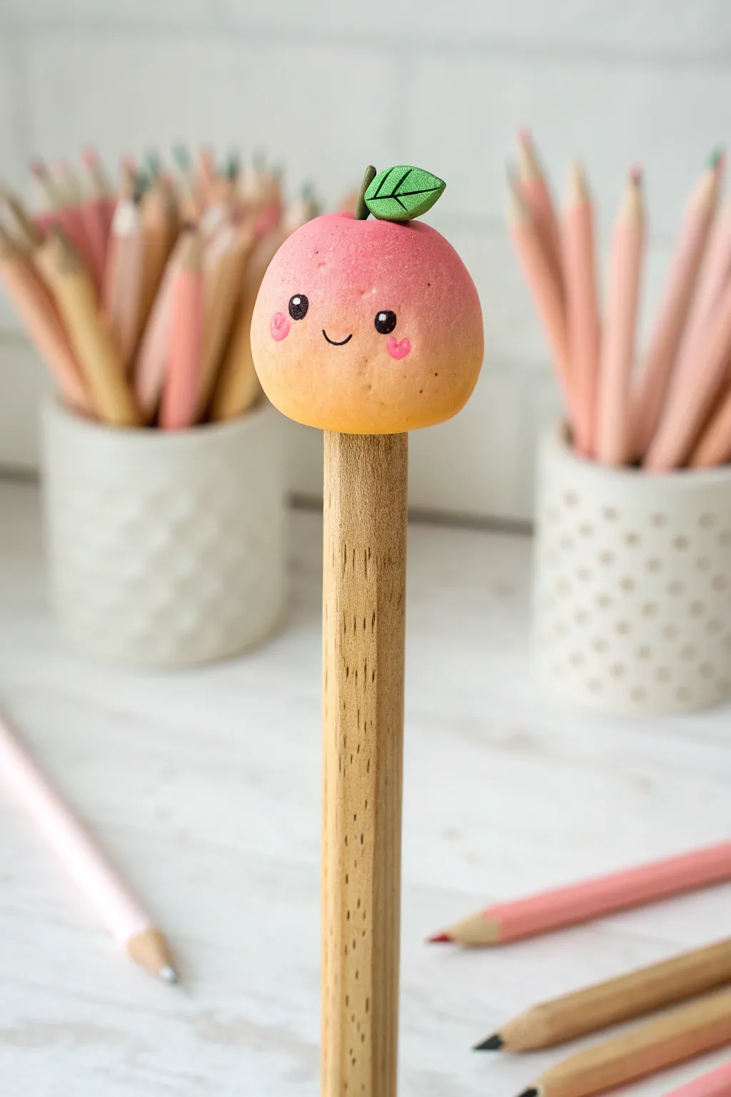 Pastel peach clay pencil topper with sweet dot eyes, simple and cute for easy air-dry clay fun.