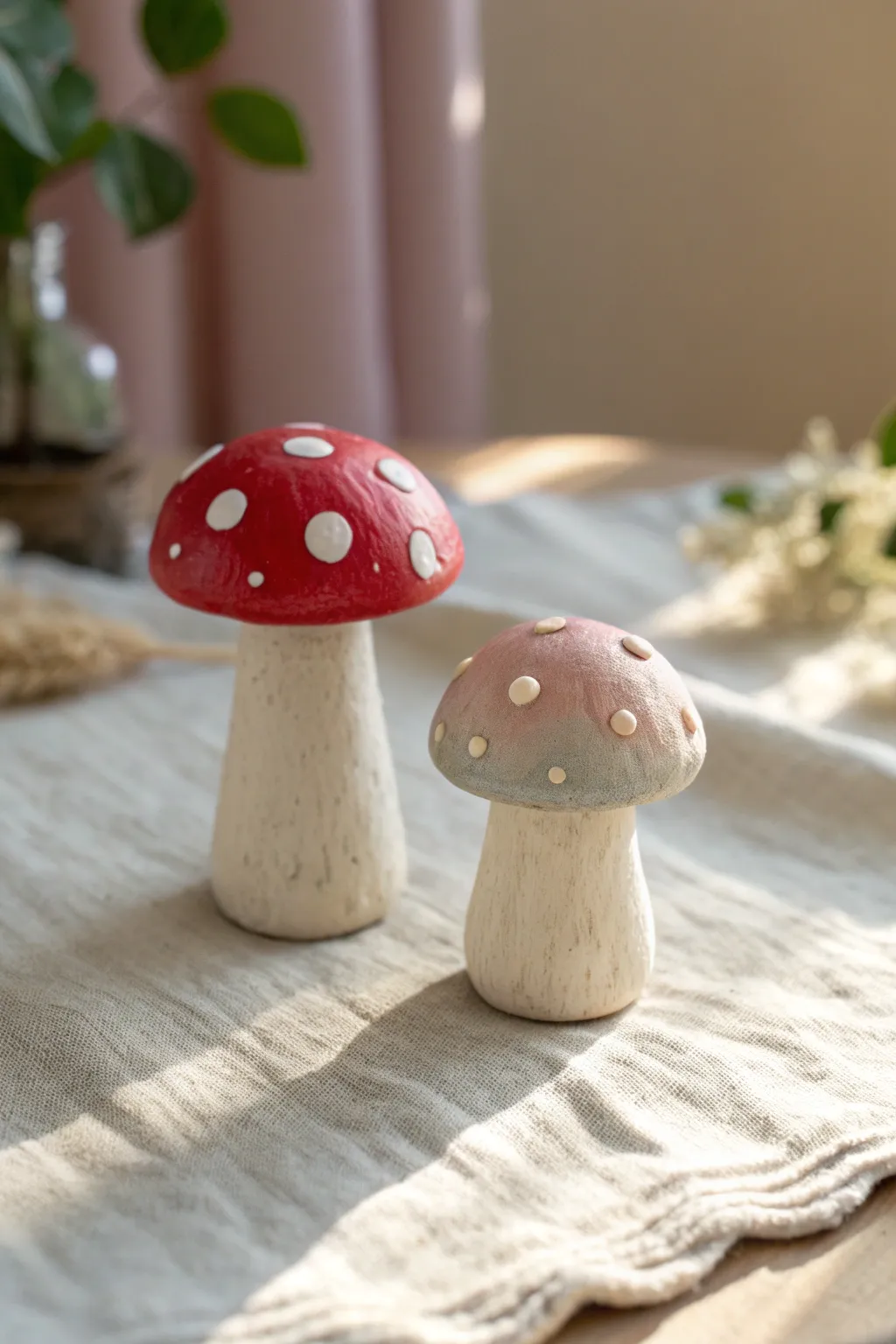 Soft clay mushroom duo in red and pastel, minimalist boho styling with cozy handmade charm.