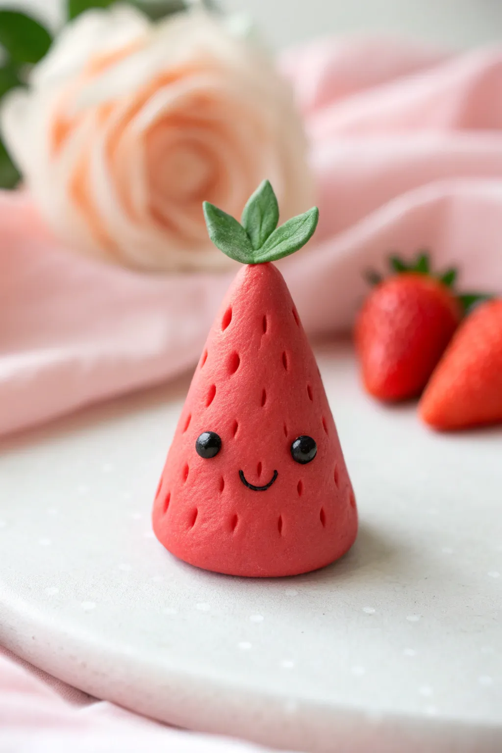 Easy soft clay idea: a smiling strawberry with seed dots on a calm pastel pink backdrop
