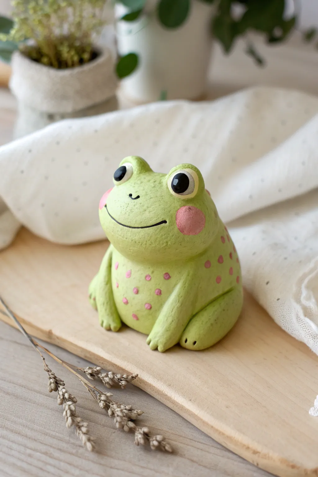 Big-eyed clay frog friend with blush cheeks, a sweet easy finished project for kids and beginners.