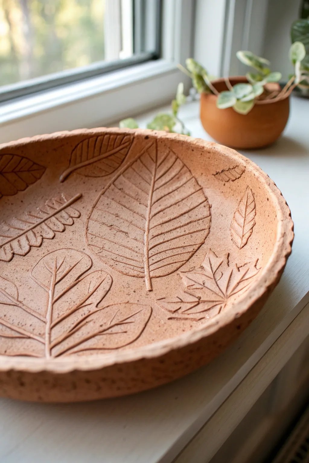 Beginner leaf-impressed slump dish with crisp botanical texture and calm minimalist vibes.