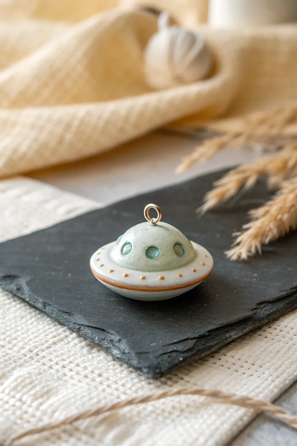 Adorable space clay UFO charm hovering in minimalist style, perfect for dreamy DIY decor.