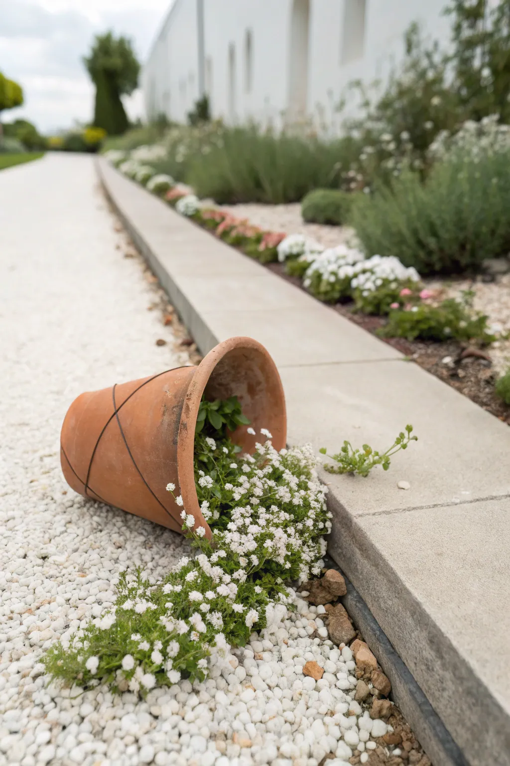 Cracked terracotta pot spills a low ribbon of blooms along the path for a simple border