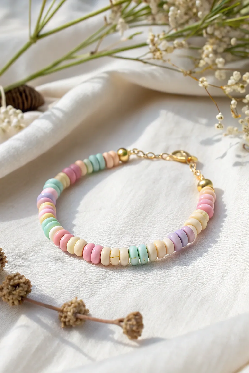 Spring rainbow heishi bracelet on crisp white linen, soft pastels and clean minimalist contrast