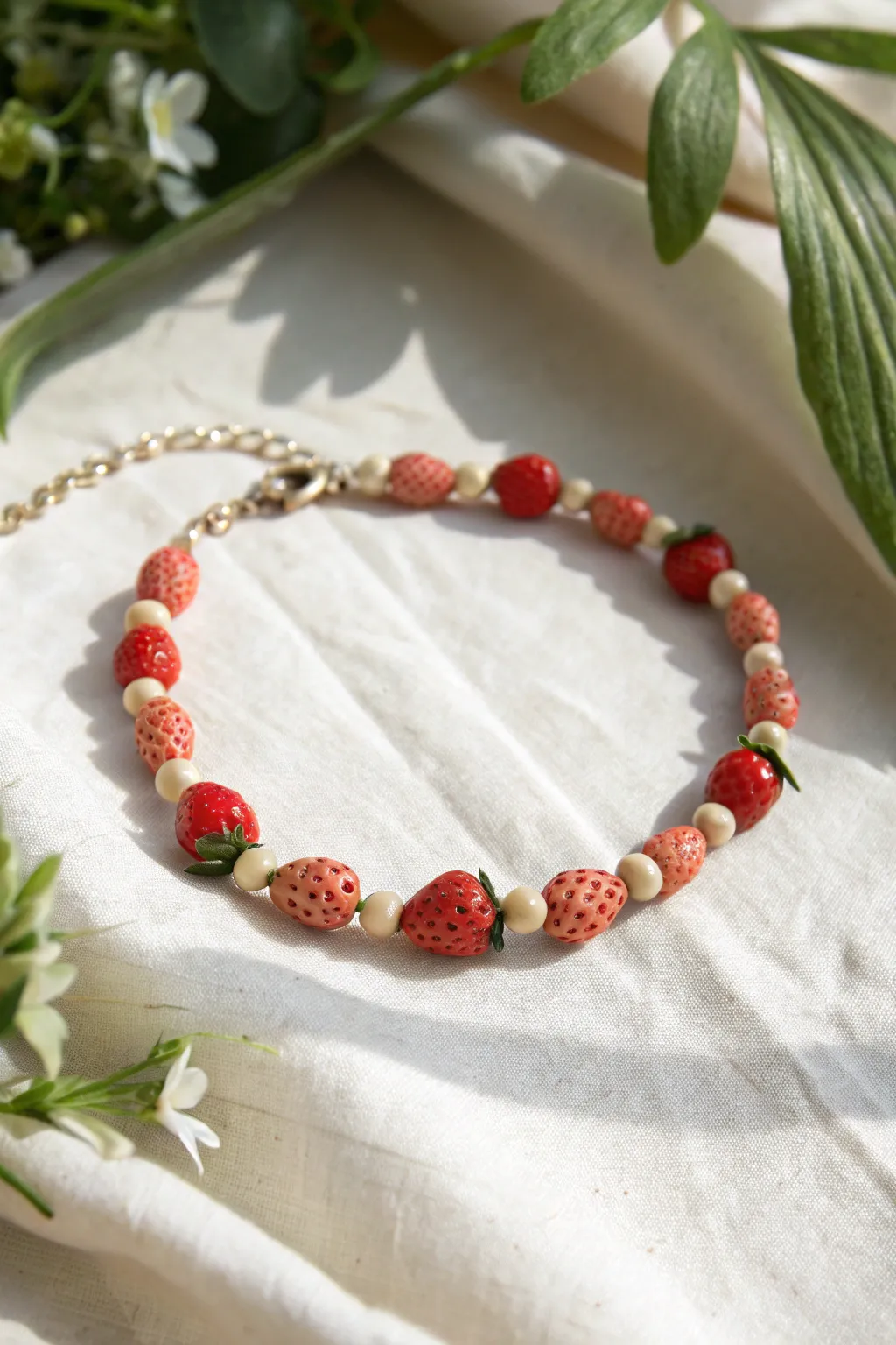 Minimal mini strawberry clay bead bracelet with evenly spaced charms, sweet and Scandinavian chic.