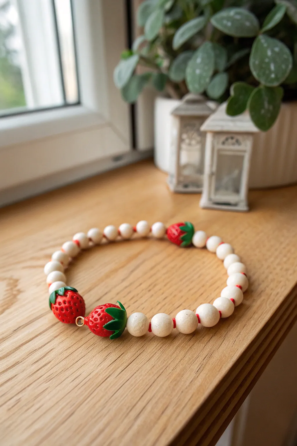 Minimalist stretchy bracelet with tiny clay strawberry beads on warm wood, sweet and simple