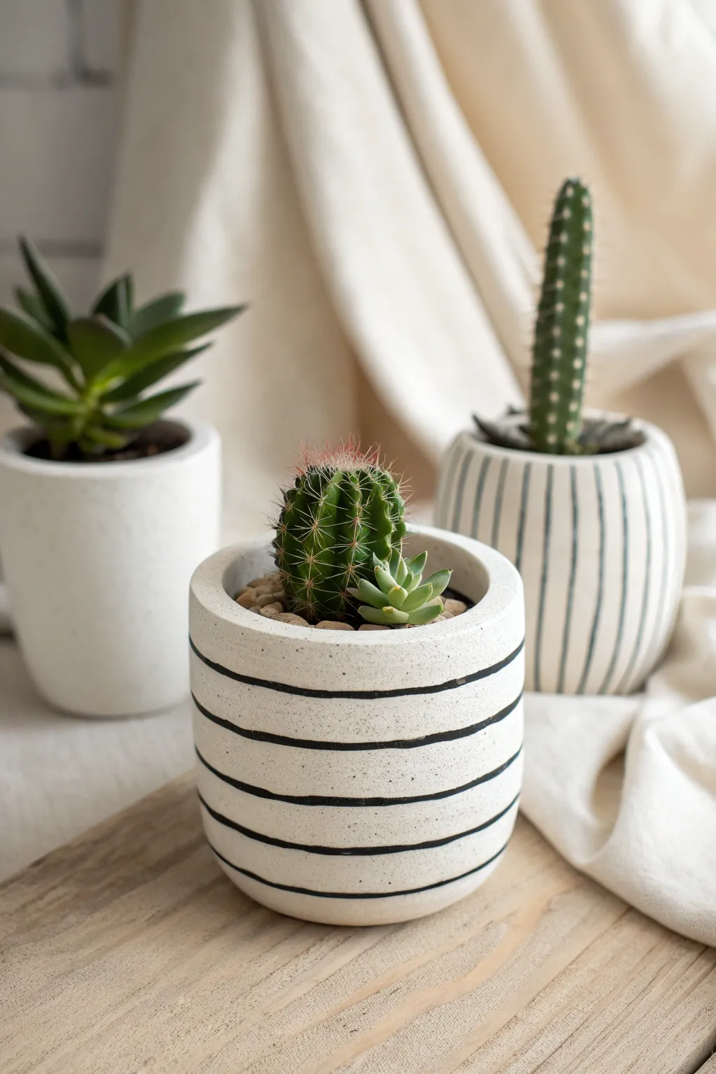 Crisp black-and-white striped succulent pot with a matching pair for bold minimalist contrast