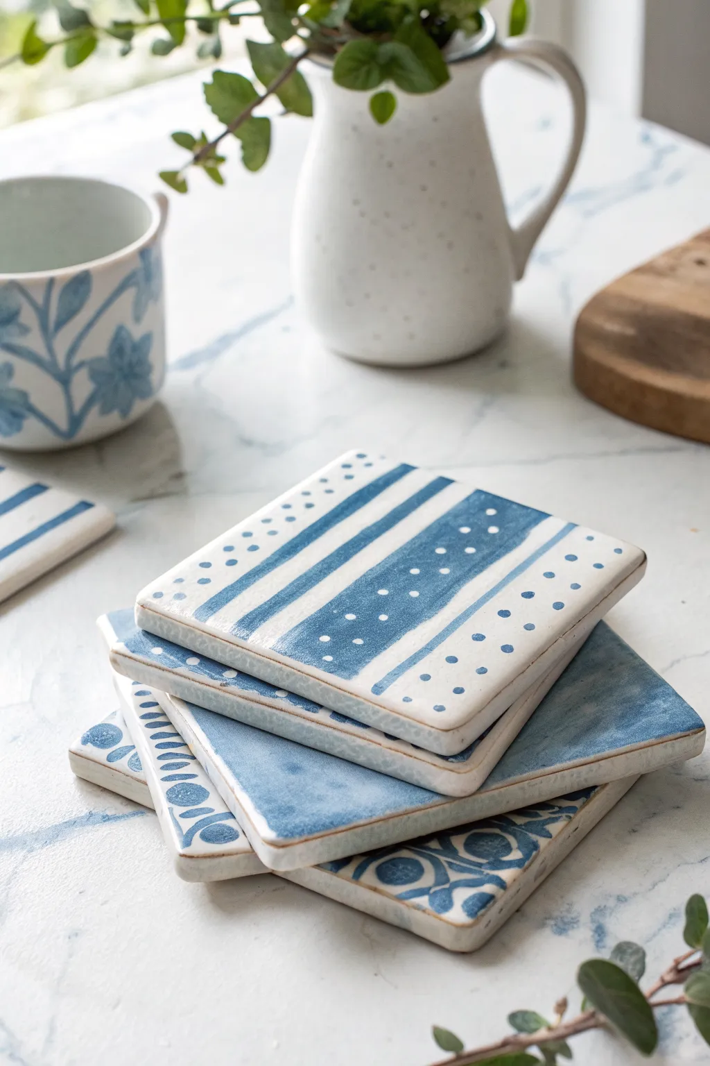 Blue-and-white nautical air dry clay coasters with simple stripes and dots on white marble.