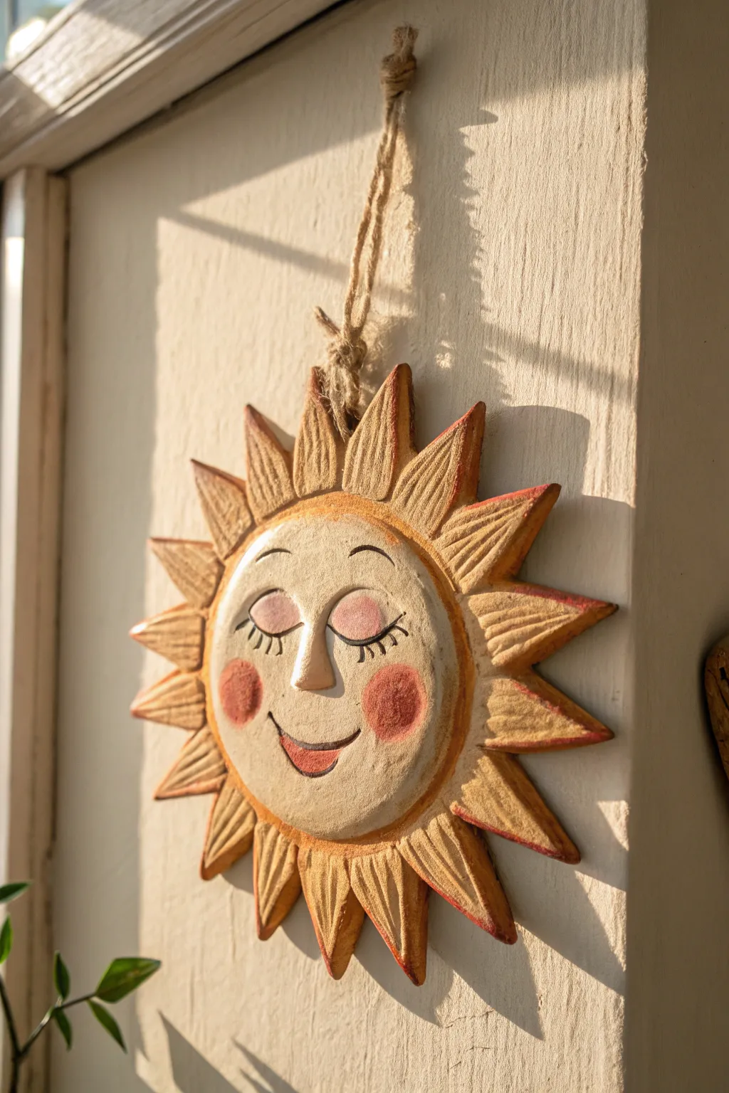Cheerful clay sun wall hanging with rosy cheeks, soft shadows, and warm summer vibes