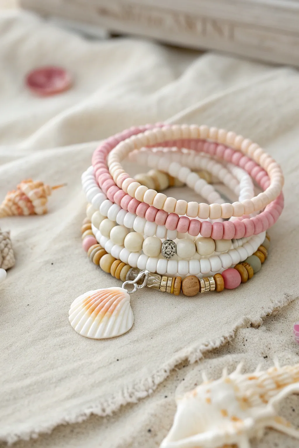 Pastel clay bead bracelet stack with a single shell accent for an effortless beachy summer look
