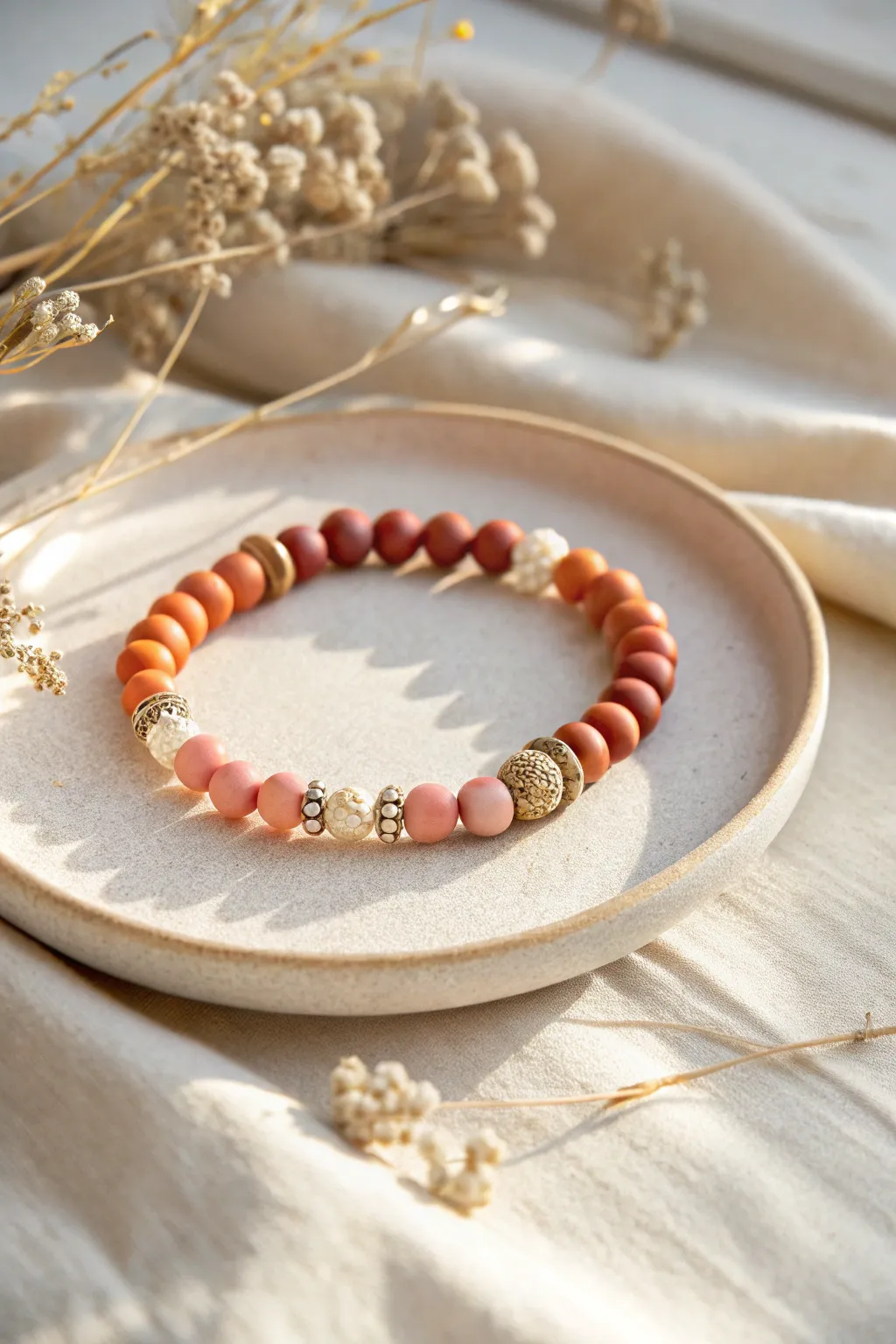Sunset clay bracelet with tiny white cloud-break spacers for a soft, airy contrast