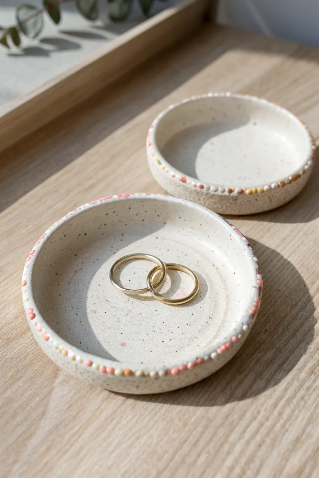 Sprinkle-rim super clay trinket dishes, minimal and sweet, perfect for rings and tiny treasures.