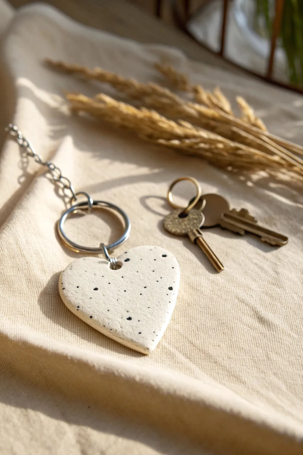 Super easy mini heart clay keychain charm with a speckled finish, simple and sweet