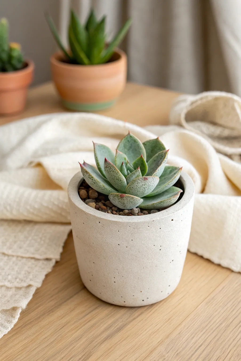 Thimble-sized super light clay succulent pot with chunky leaves, cozy minimalist desk decor.