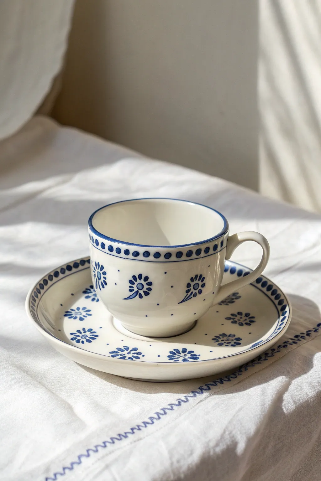 Minimal blue-and-white folk motifs on a crisp tea cup for an easy, timeless handmade look.