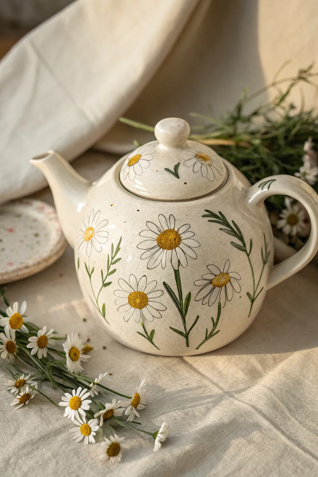 Easy cottage garden daisies on a simple teapot, handmade charm in soft Scandinavian light