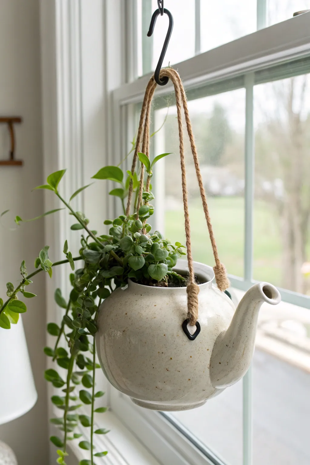 Minimal hanging teapot planter with a compact trailing plant, bright window light and cozy boho calm.