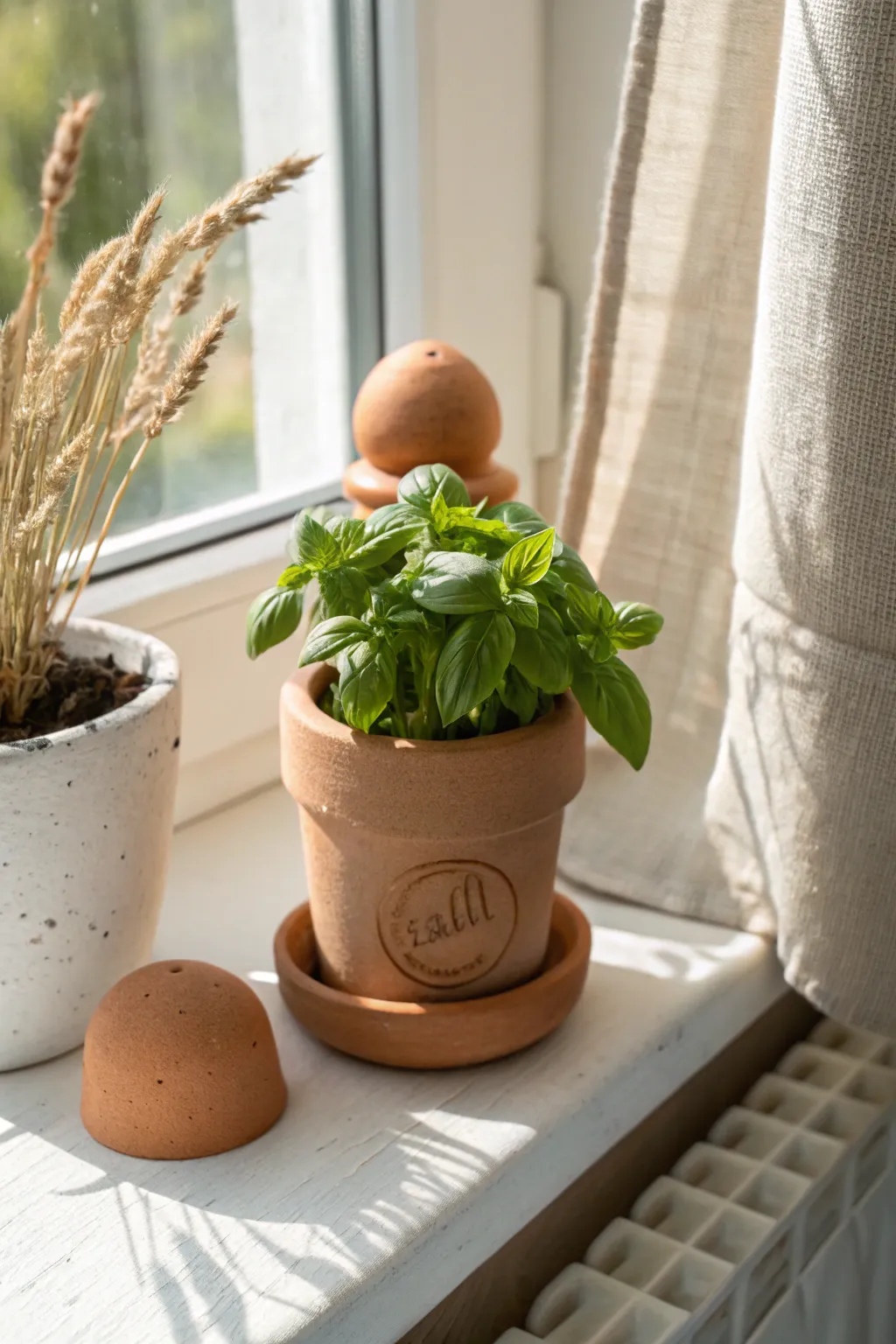 Warm terracotta marker in a basil pot on a sunny sill, minimalist boho herb garden charm