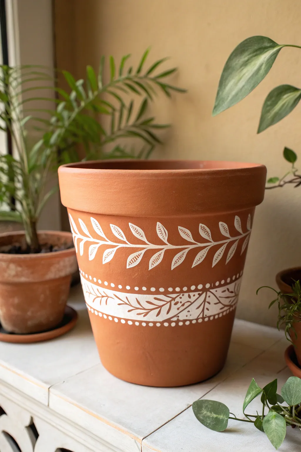 Simple leaf stencil band transforms a terracotta pot into chic minimalist boho decor.
