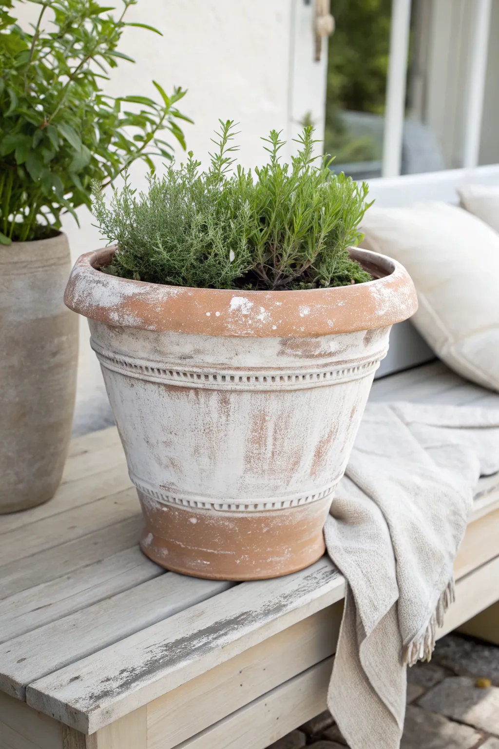 Distressed whitewashed terracotta pot with herbs and linen for an effortless rustic cottage vibe.