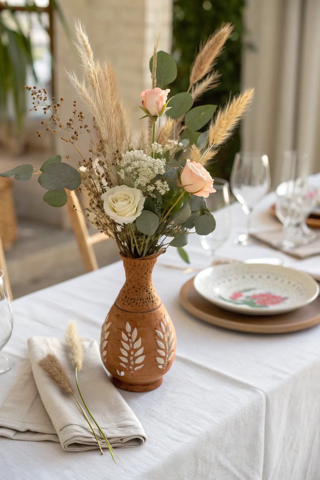 Minimal terracotta vase centerpiece with dried stems and blush blooms on neutral linen.
