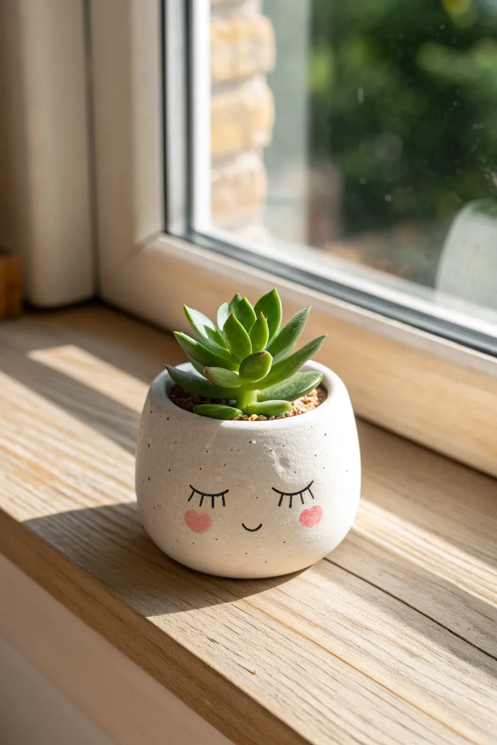 Sweet mini clay planter with a painted face and rosy cheeks, glowing on a sunny sill