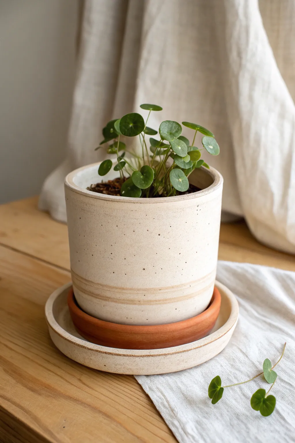 A minimal thrown planter with matching saucer, soft matte glaze, and fresh greenery.