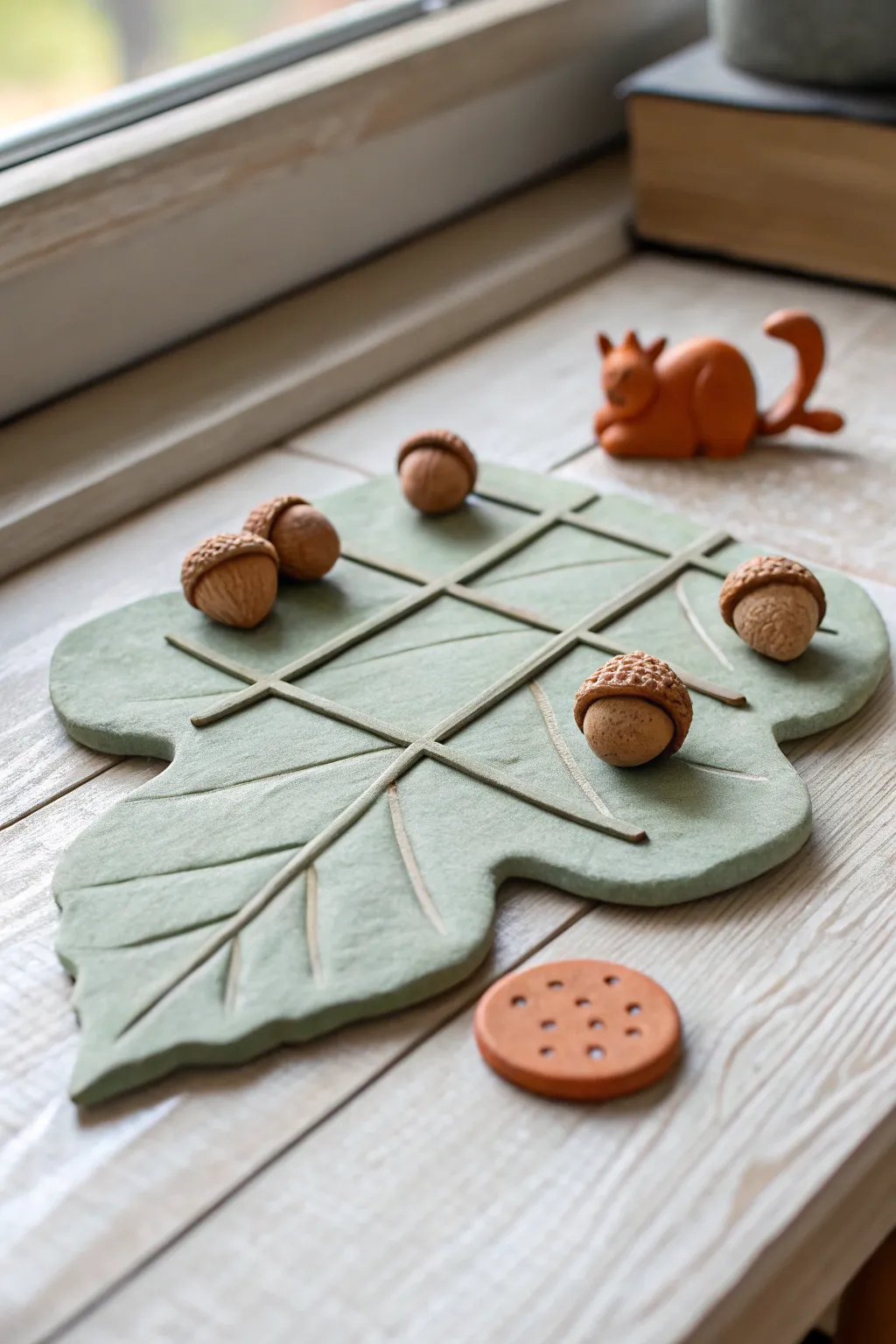 Woodland leaf tic tac toe set in clay, with acorns vs squirrels on a minimal neutral backdrop.