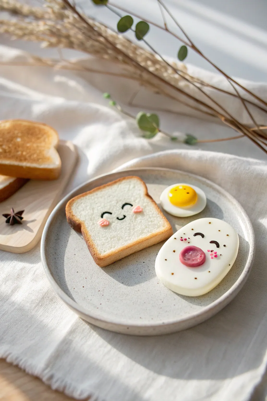 Tiny clay toast and sunny egg buddies on a minimalist plate, sweet, simple, and handmade.