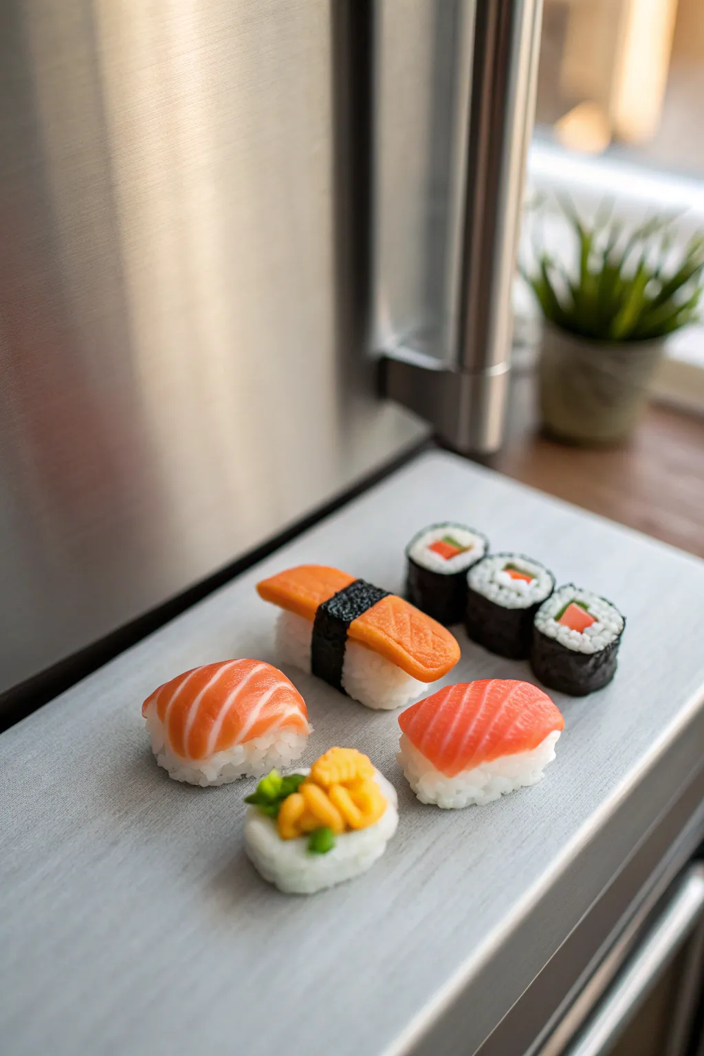 Tiny polymer clay sushi magnets on brushed steel, minimal Scandinavian styling with warm contrast