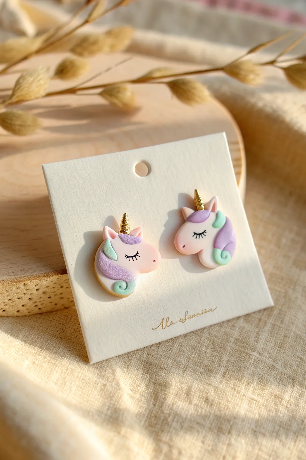 Easy DIY unicorn stud earrings in pastel clay with tiny gold horns, styled in minimalist Nordic flatlay.