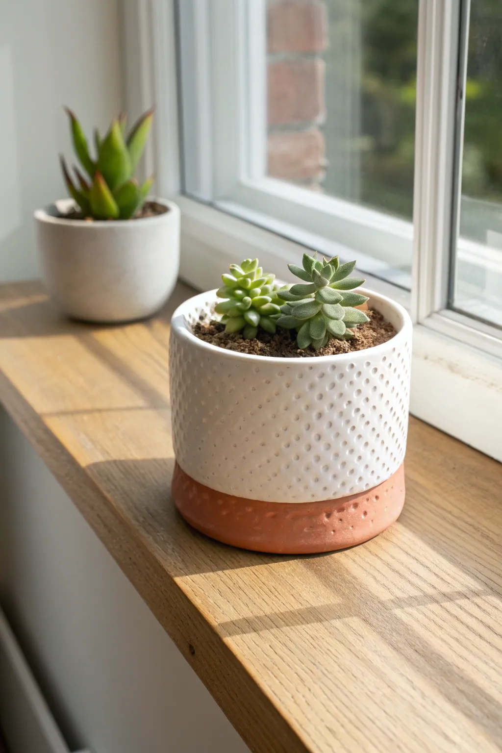 Textured two-tone mini air dry clay planter with a tiny succulent in soft Scandinavian light