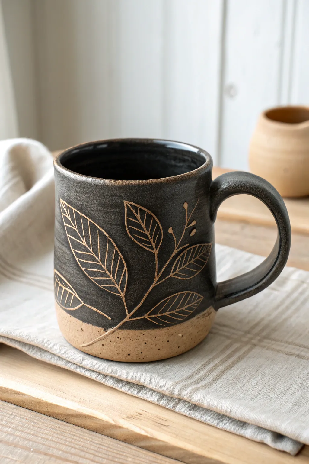 Minimal sgraffito mug with a carved botanical sketch, high-contrast slip revealing warm clay.