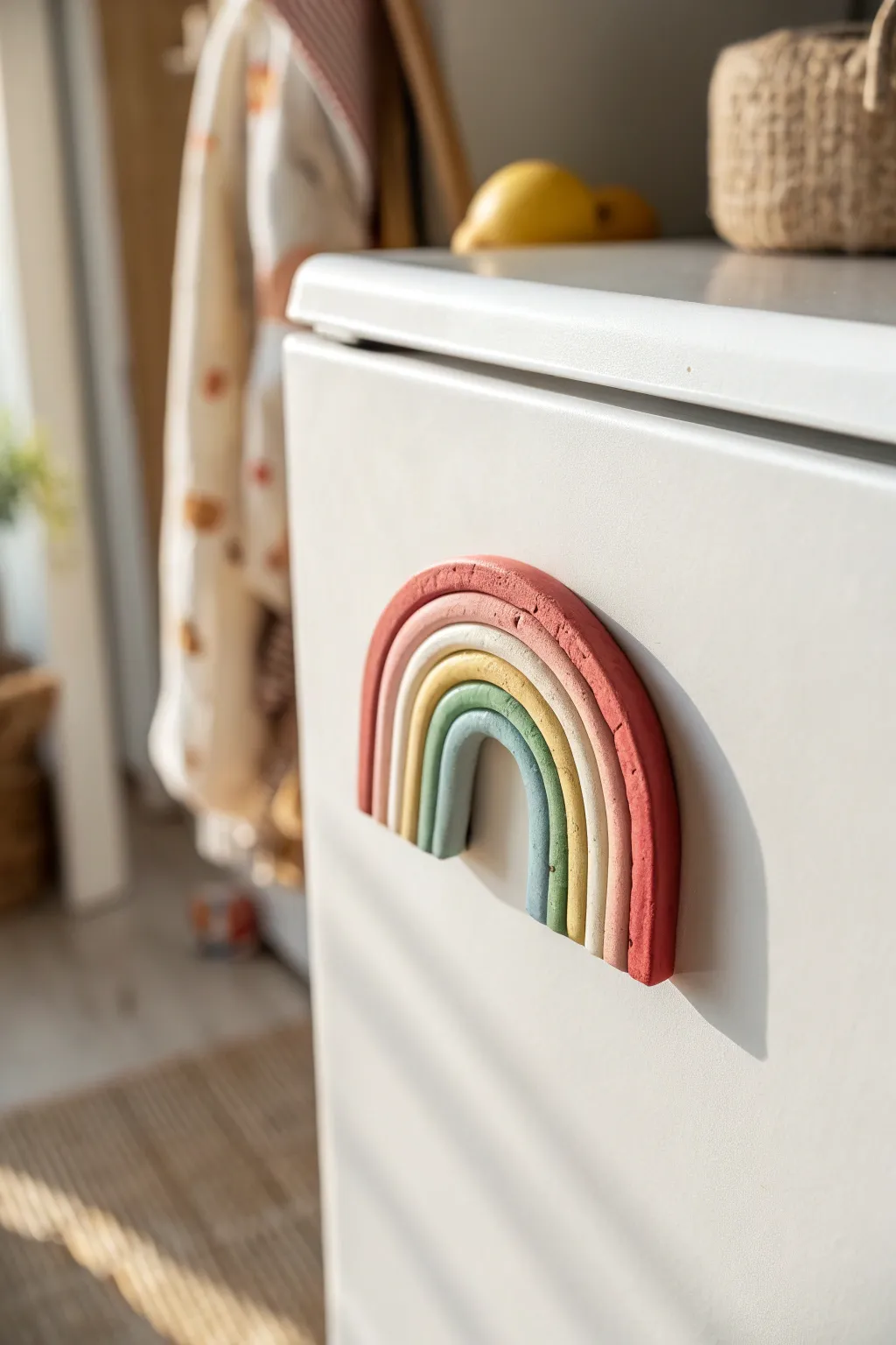 Handmade polymer clay rainbow magnet, cute and bold inspiration for easy DIY fridge decor.