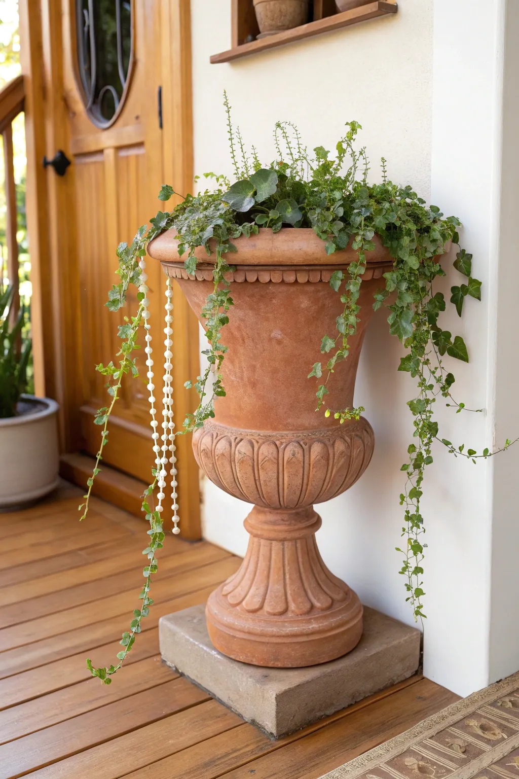A pedestal urn in a porch corner, softened by lush cascading spillers and warm wood tones.