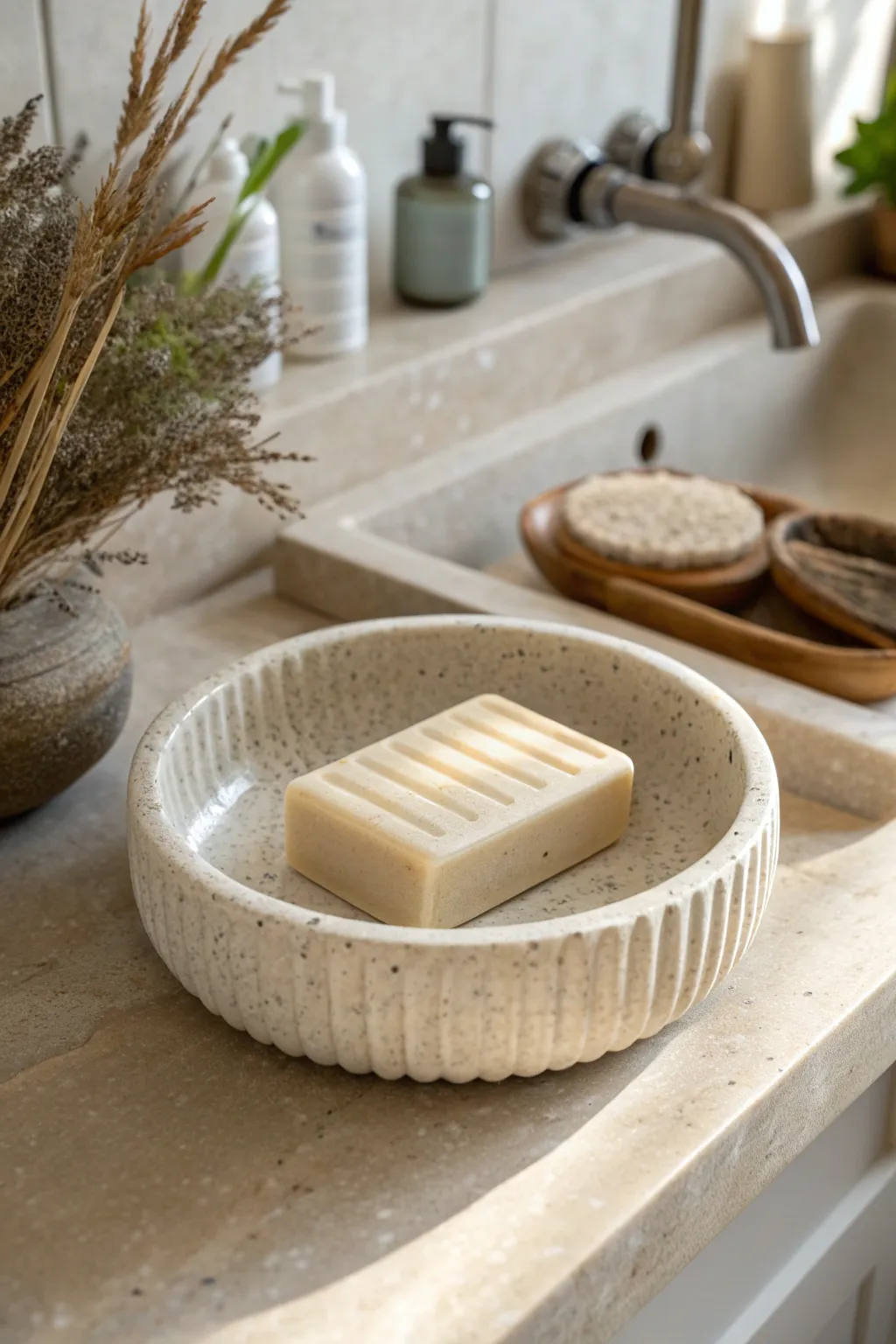 Minimal ceramic soap dish with drainage ridges, keeping your bar soap dry and beautiful.