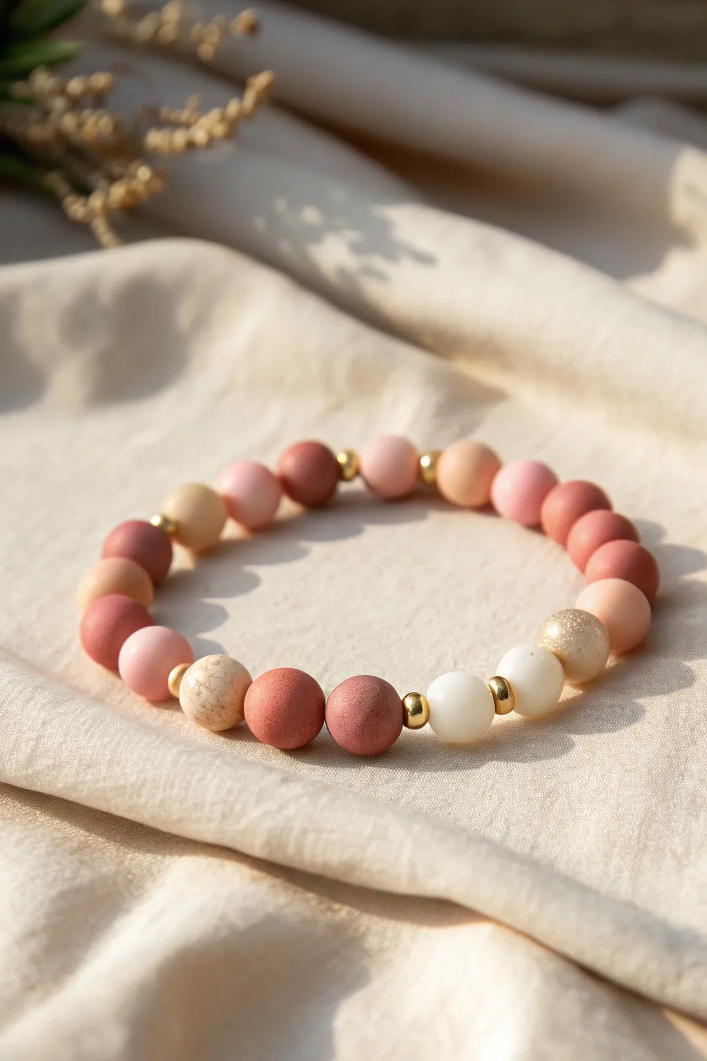 Soft pink ombre clay bead bracelet with tiny gold spacers, minimal and romantic