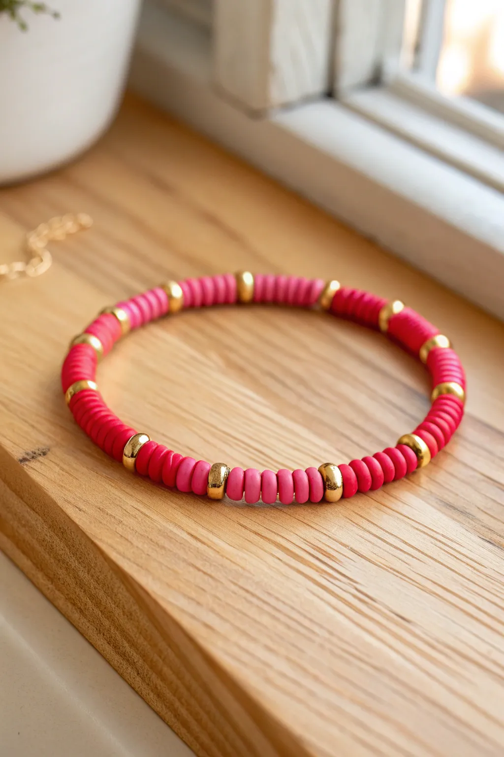 Bold red and hot pink heishi bracelet with gold spacer beads for an easy Valentine glow-up.