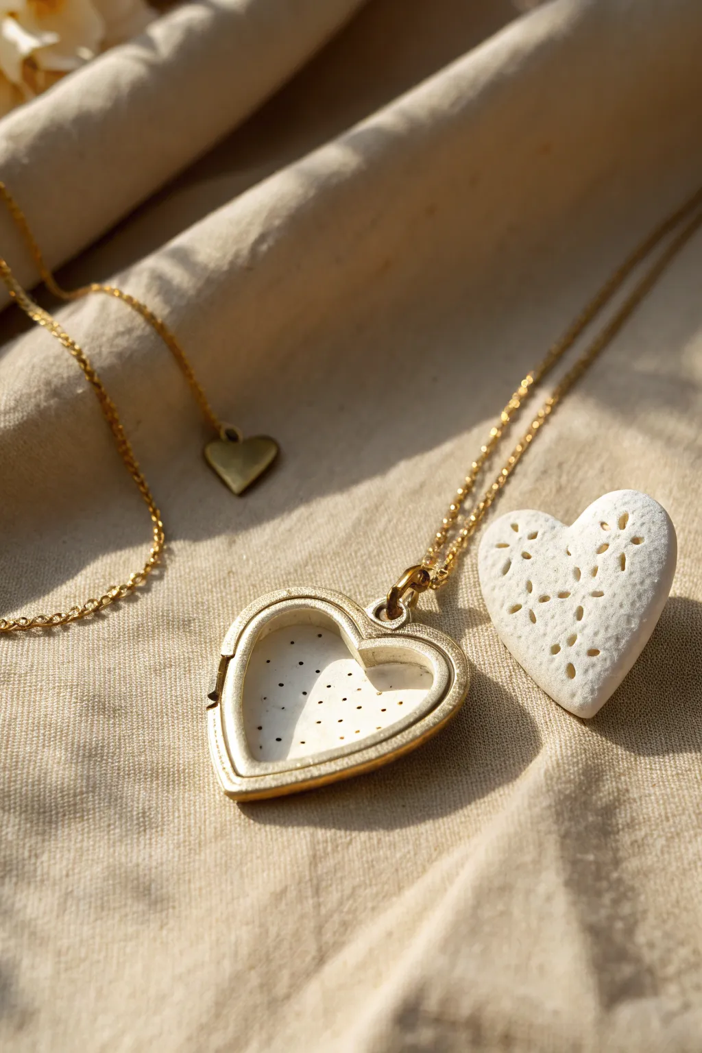 A sweet clay heart locket pendant, slightly open to reveal a tiny hidden stamped message.