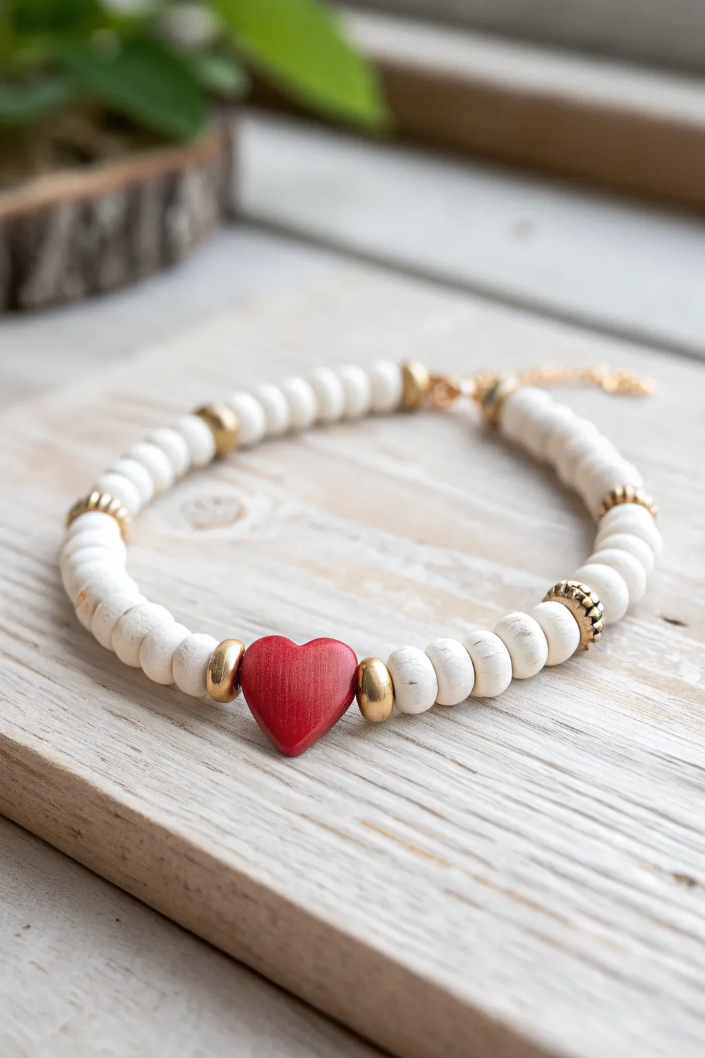 Minimal white heishi bracelet with a bold red heart focal bead and delicate gold spacers