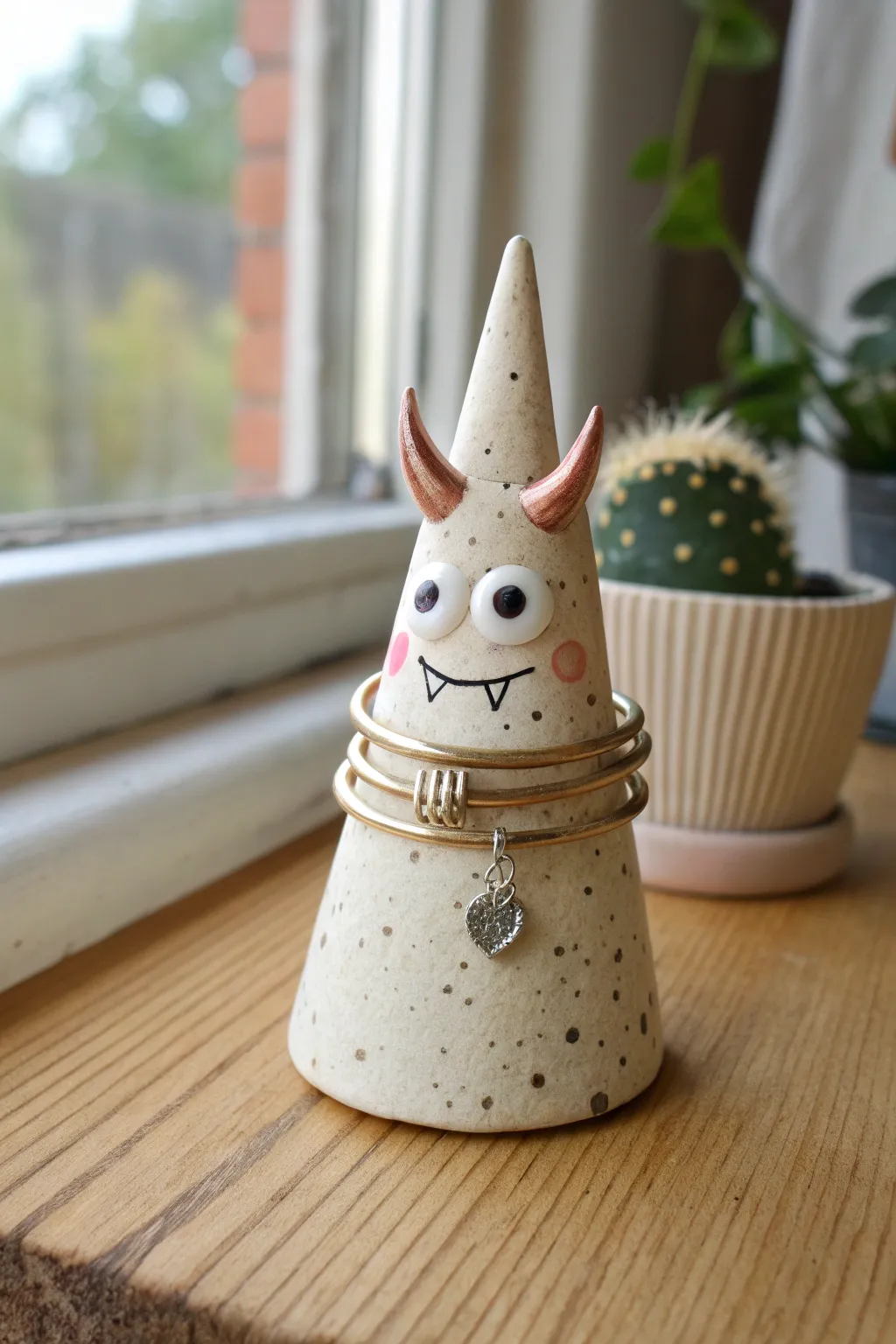Derpy monster ring cone keeps your rings together, goofy eyes and wide grin in cozy minimalist clay.