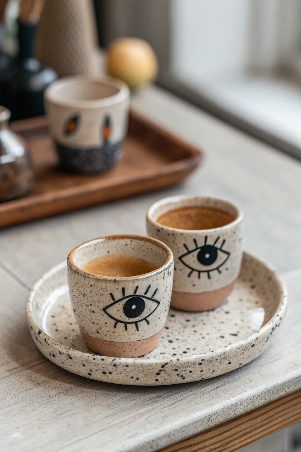 Creepy-cute espresso duo with painted eyes, minimal glaze, Scandinavian calm with boho charm.
