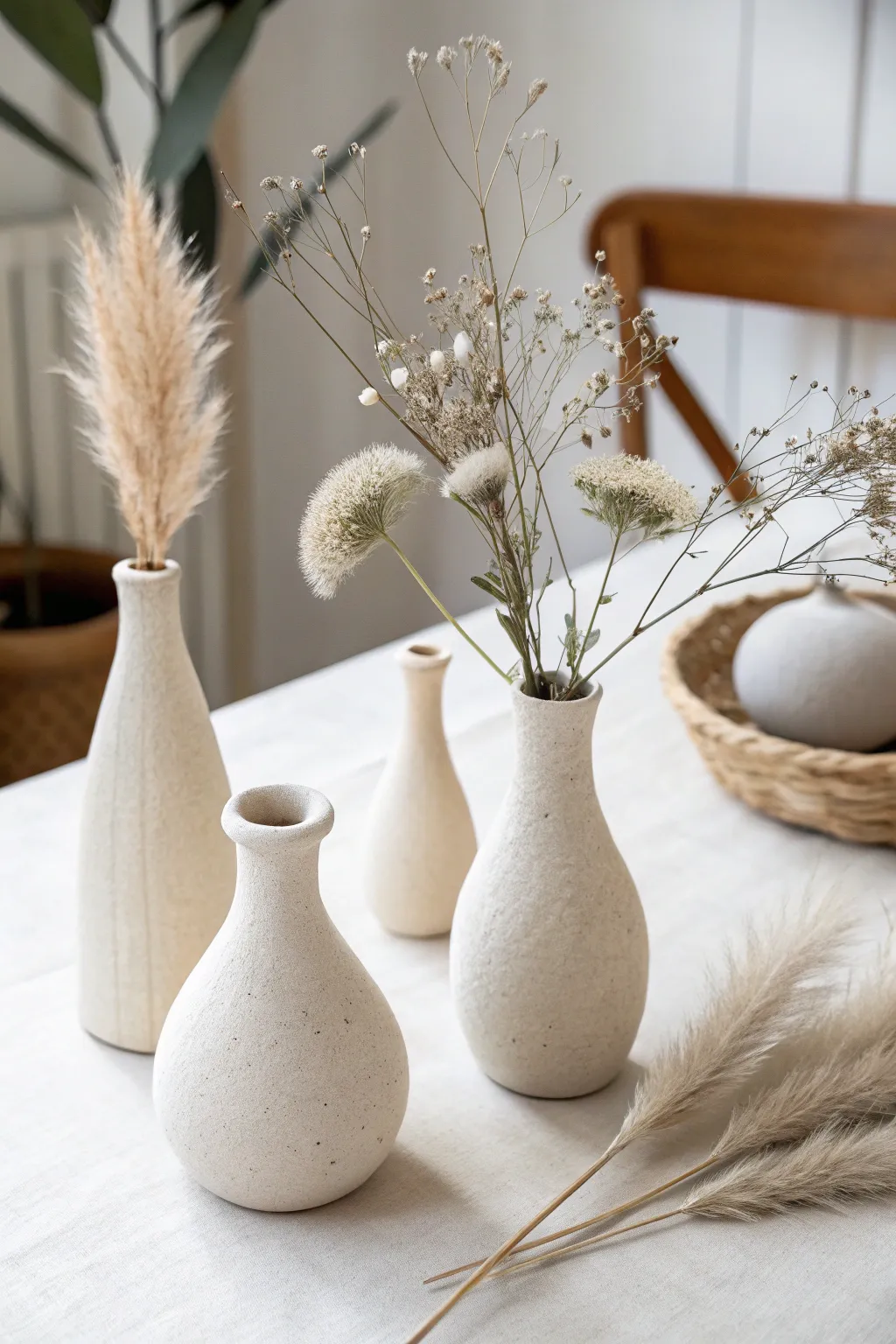 Tiny bud vases in three simple shapes, styled with single stems in soft Scandinavian light