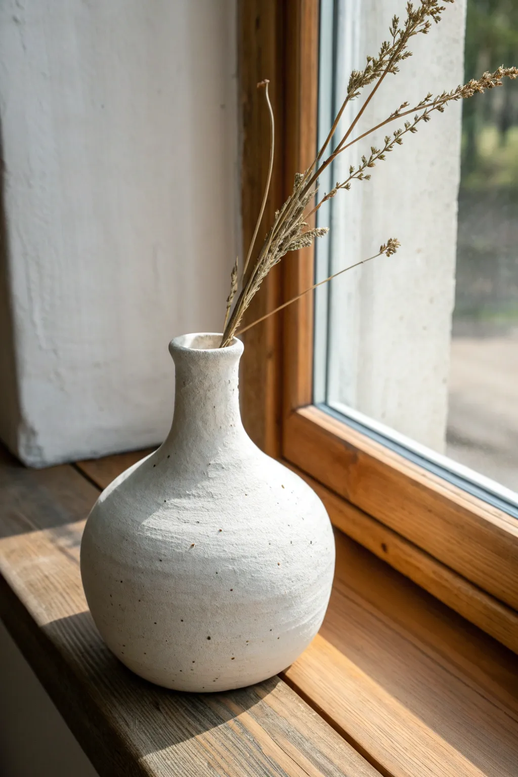 Minimal white clay bud vase on a sunny sill, simple shape, natural stem, calm boho mood