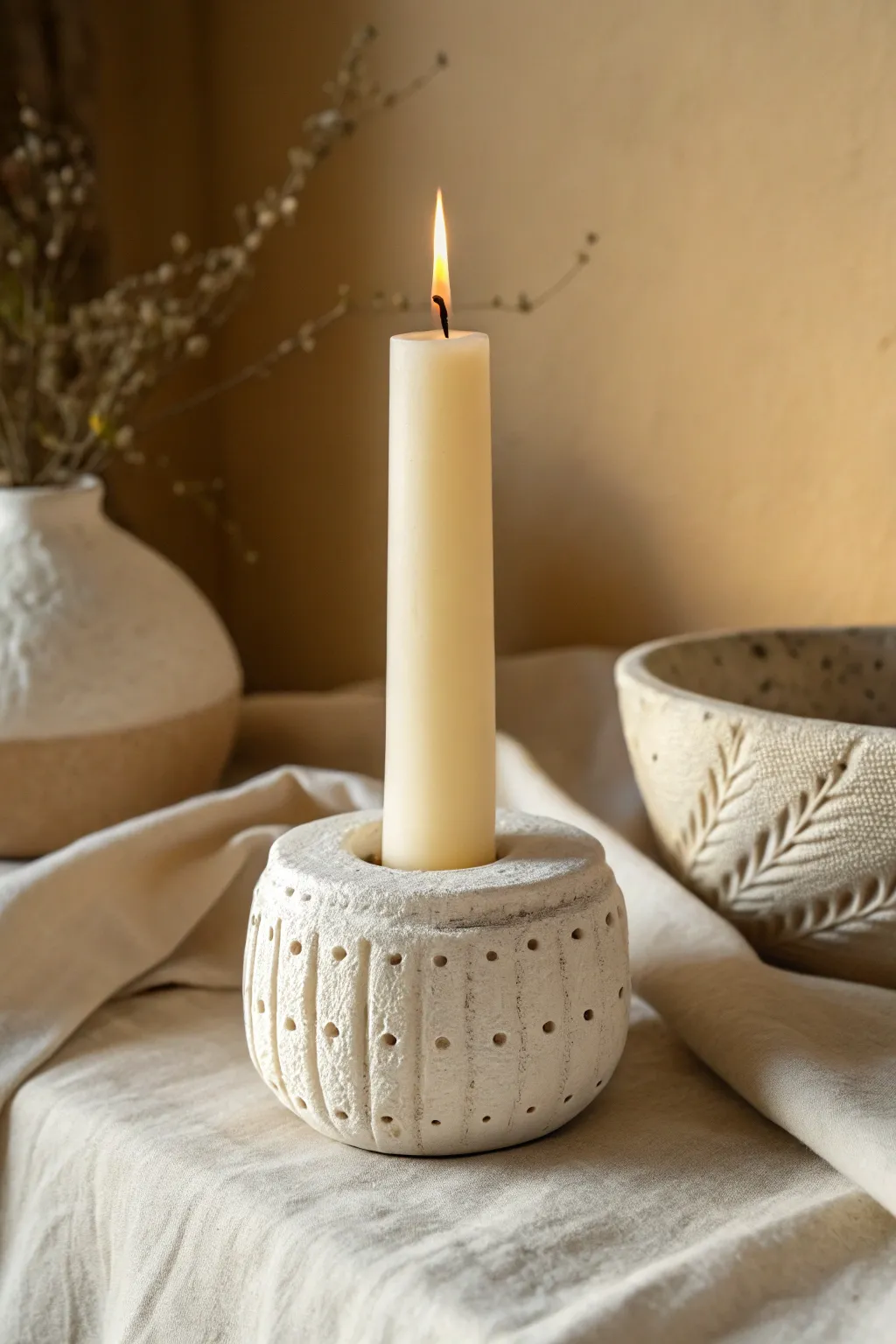Minimal white clay candle holder with hand-carved texture, warm light, and calm Nordic tones