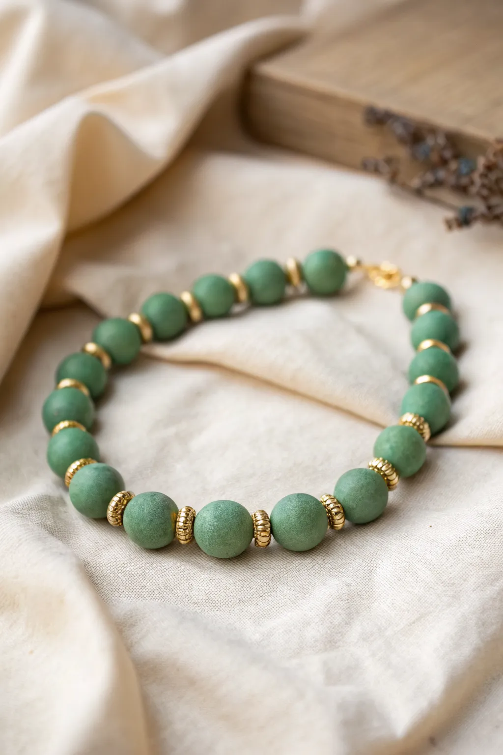 Matte emerald clay beads with brushed gold spacers for a clean, glitzy Emerald City look.