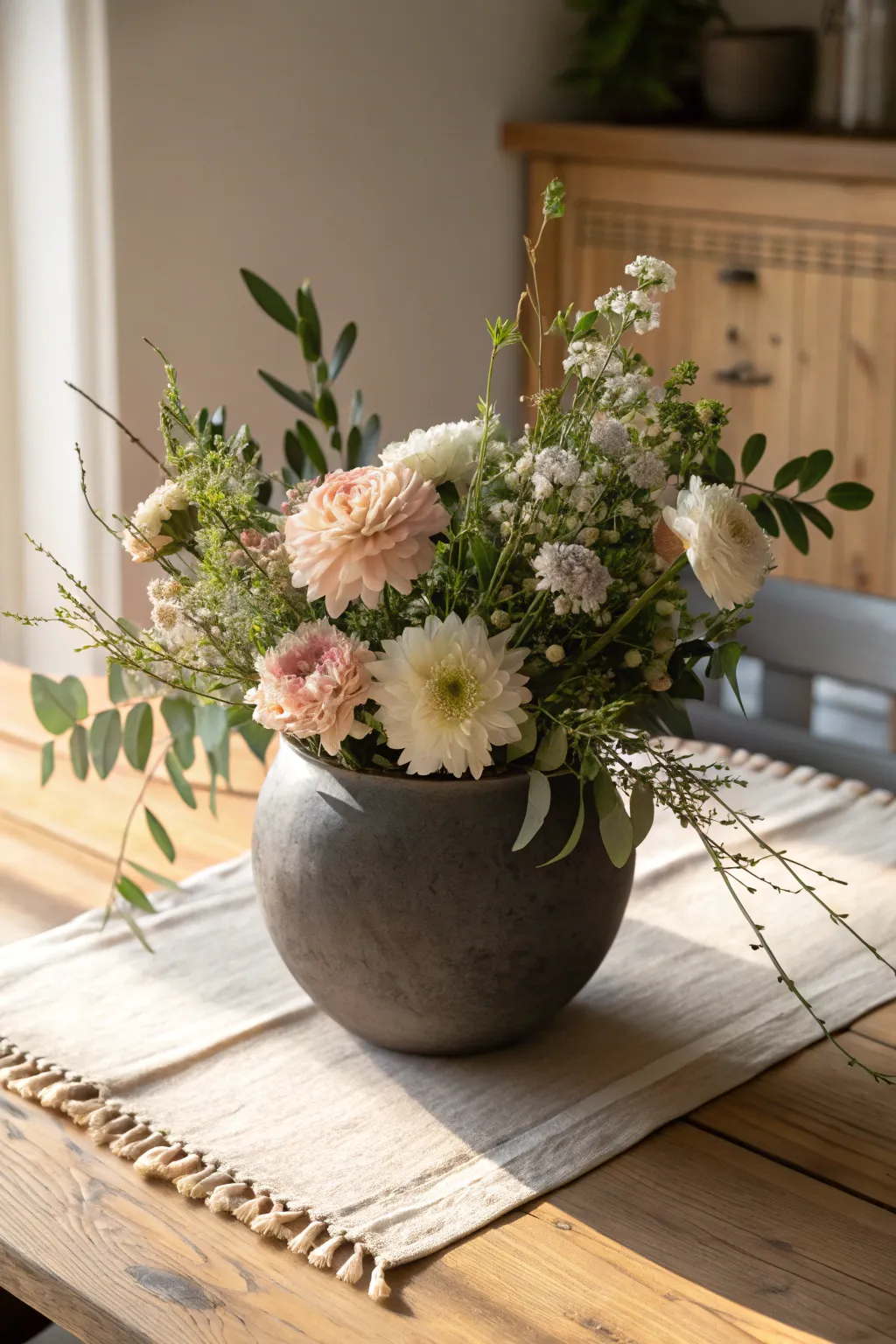 Minimal bowl-style wide mouth vase centerpiece with soft blooms for a relaxed low table look.