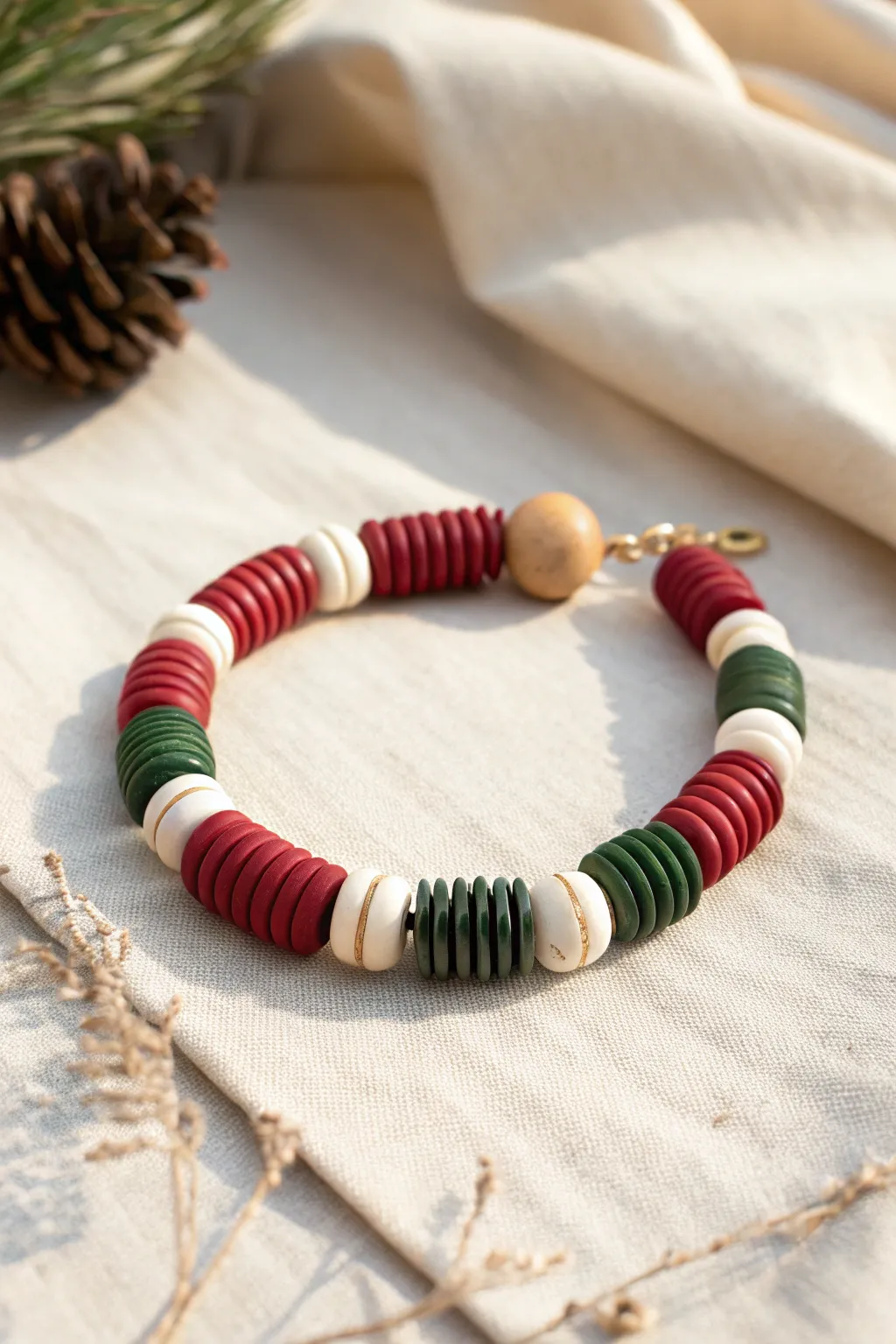 Bold winter clay heishi bracelet in red, green, and white blocks with crisp minimalist contrast