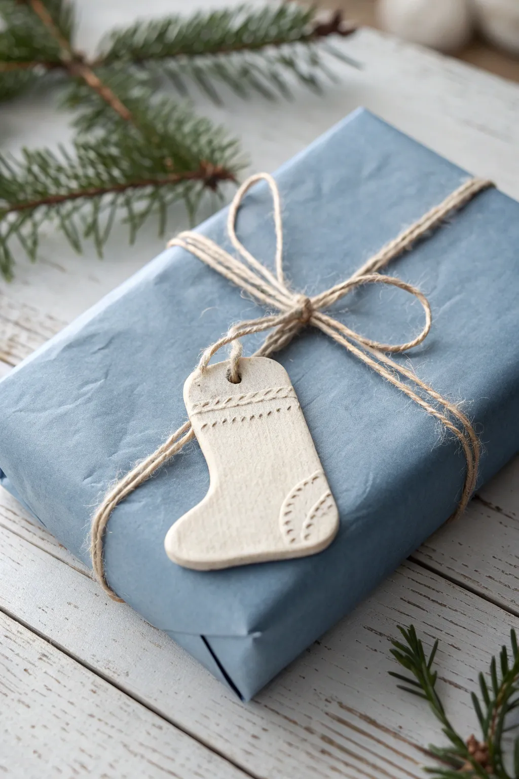 Cozy stamped clay stocking tag in soft winter tones, tied with twine for simple gifting.